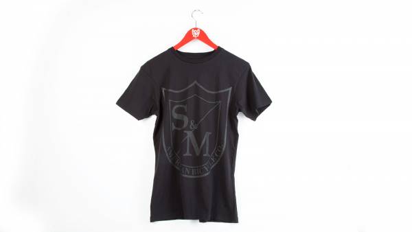 S&M T-SHIRT XSMALL or SMALL, BIG SHIELD BLACK PRINT on Black